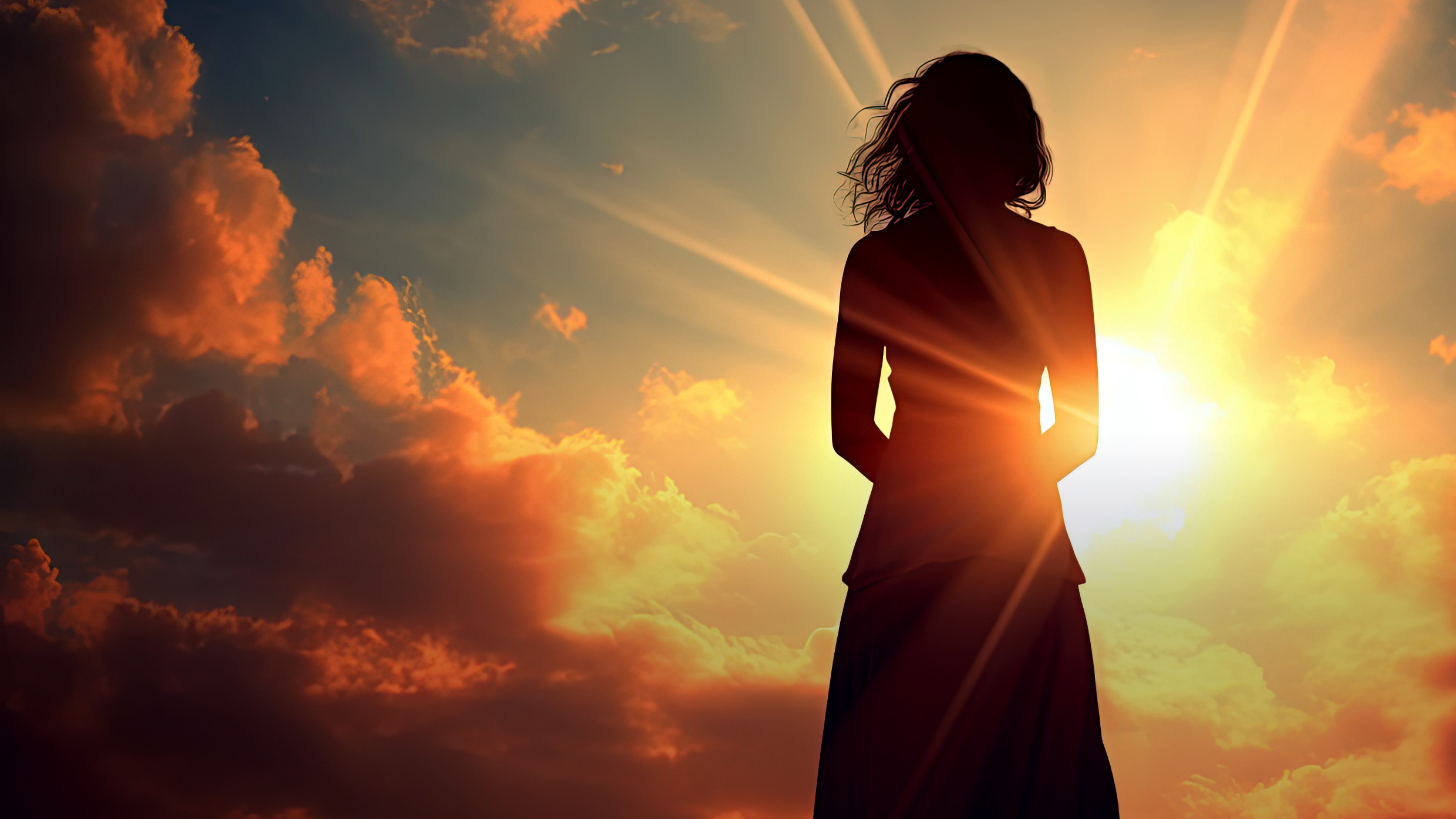 Silhouette of a woman facing the rising sun, representing awakening and inner guidance